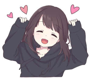 穿著黑色連帽衫的動漫女孩笑著，粉紅色的心形在她頭周圍漂浮。 — 花子君 壁紙