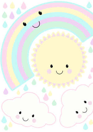 微笑的太陽、彩虹和雲朵，帶有彩色雨滴的可愛卡通風格。 — iPad 第10代 壁紙