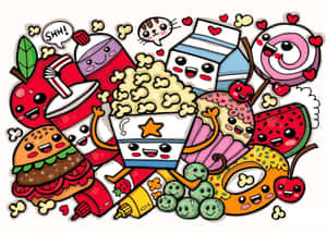 快樂的卡通食物角色，帶有心形和對話氣泡。 — 可愛藍色 壁紙