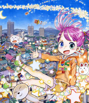 粉紅色頭髮的動漫女孩在夜晚的城市上方星星之間漂浮。 — Motorola Razr Ultra 2026 壁紙