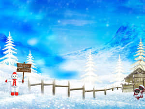 雪人在雪白的冬季場景中舉著節日牌子，有松樹和山脈 — 美麗聖誕 壁紙