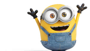 一個穿著牛仔工人褲的黃色動畫Minion，睜大眼睛，咧嘴笑著揮手。 — 高飛 壁紙