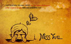 一個哭泣的卡通人物，帶有蝴蝶和文字「I Miss You...」，背景為黃色紋理。 — 心碎 GIF 壁紙