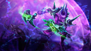 奇幻惡魔戰士在紫色閃電風暴中揮舞發光武器。 — 超級英雄 壁紙