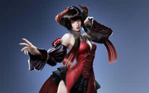 一個惡魔般的動漫女性，穿著紅黑服裝，有角，正在擺姿勢。 — 動漫打鬥 壁紙