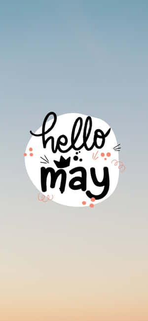 Hello May 問候語，帶有皇冠和粉紅色圓點，背景是漸變天空。 — Huawei 壁紙