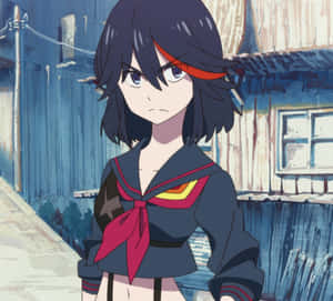 身穿水手服的動漫女孩站在藍色小巷中，表情嚴肅。 — 武士Champloo 壁紙
