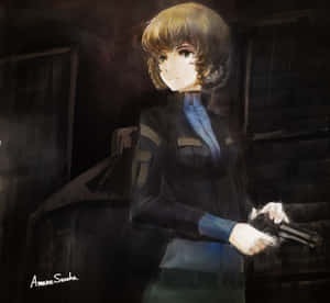 穿著深色制服的動漫女孩在陰影重重的房間裡拿著一把手槍。 — 宿儺 壁紙