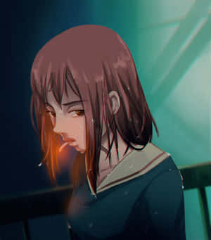 一個悲傷的動漫女孩，流著淚，在一個昏暗的青綠色房間裡手持一支點燃的香煙。 — Galaxy Z Flip 8 壁紙