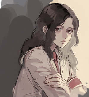 一個沉思的動漫女孩，長長的黑髮和紅色領帶，向下看。