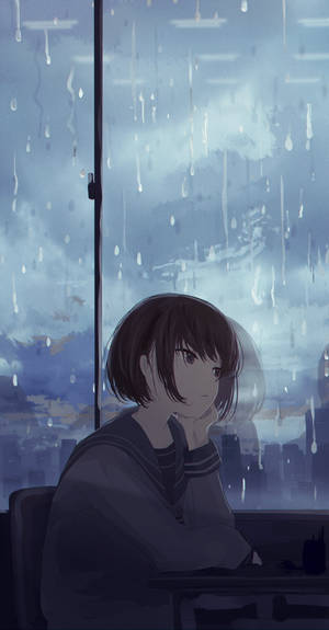 一個悲傷的動漫女孩穿著校服，透過雨窗望向城市。 — 可愛動漫女仔 壁紙