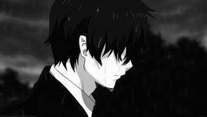 動漫男孩在風暴天空下的雨中哭泣 — 黑白 壁紙