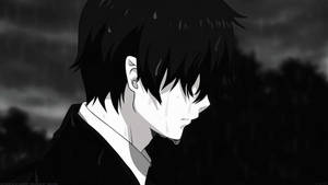 一個悲傷的動漫男孩在雨中哭泣，身後有烏雲。 — 黑白藝術 壁紙