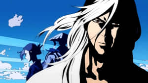 白髮深色兜帽的動漫戰士，以藍天白雲為背景。 — 武士Champloo 壁紙