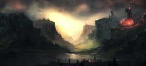 一個黑暗的奇幻山谷，發光的塔樓和暴風雨的天空。 — Alienware GIF 壁紙