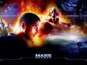 Mass Effect 遊戲封面顯示一名人類士兵在太空中對抗外星敵人。 — 質量效應 壁紙
