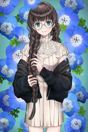 戴眼鏡和辮子的動漫女孩被藍色花朵環繞。 — 可愛動漫女仔 壁紙