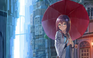 戴眼鏡的動漫女孩在雨中未來城市撐紅色雨傘。 — Steam Deck 壁紙