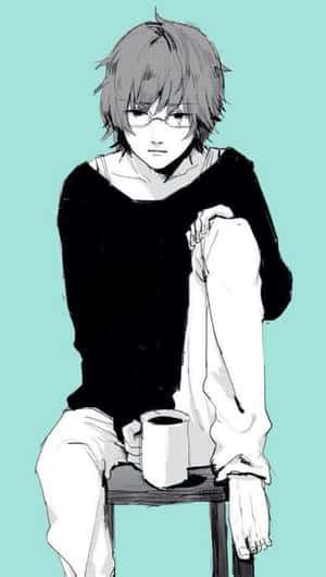 戴眼鏡的動漫男孩坐在凳子上，拿著馬克杯，背景是青綠色。 — 東京喰種角色 壁紙