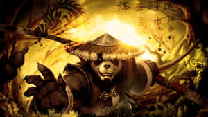 熊貓戰士手持棍棒，被火焰和漢字包圍。 — 遊戲 壁紙