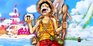 動漫海盜在浮島和船隻的天空中手持蛋糕和劍。 — 生日蛋糕 壁紙