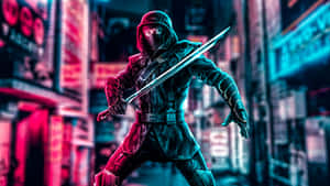 忍者戰士在霓虹燈照亮的小巷中揮舞發光的劍，夜晚 — 武士 壁紙