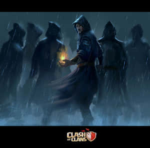 一個戴著兜帽的戰士在暴風雨中手持發光球體，陰影人物包圍著他。 — iPad Pro 壁紙