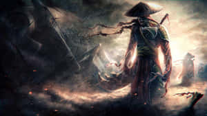 一個手持發光劍的戰士站在風暴戰場上，周圍是破碎的建築。 — 武士 壁紙