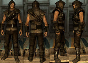 一個穿著深色皮革盔甲的奇幻戰士，從四個角度在木製房間裏展示。 — 魔法風雲會 壁紙