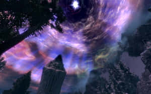 一個戴著兜帽的身影仰望充滿活力的宇宙天空，其中有旋轉的星雲和一顆明亮的星星。 — 1280x800 壁紙