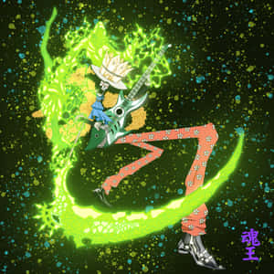 動漫骷髏結他手，帶有發光的綠色能量和花卉圖案褲子，背景是閃爍的黑暗。