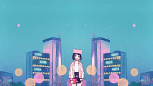 戴粉紅色帽子的動漫女孩，夜晚站在霓虹燈照亮的未來城市中。 — 動漫城市 壁紙