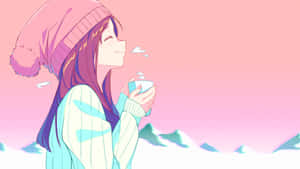 戴著冬帽的動漫女孩在粉紅色日落下的雪山前喝著熱飲。 — 粉紅動漫美學 壁紙