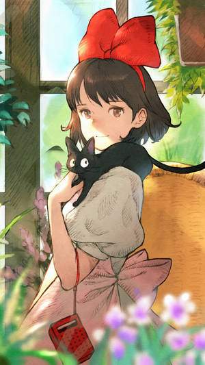 紅蝴蝶結女孩在窗邊抱著黑貓與花朵 — 動漫女孩 壁紙