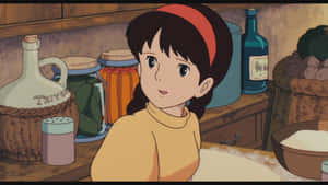 小女孩在一個有罐子和籃子的鄉村風格廚房裡揉麵團。 — 天空美學 壁紙