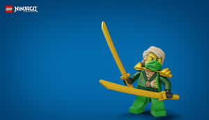 戴綠色面具的LEGO忍者，在藍色背景上手持兩把金色劍。 — 忍者 壁紙
