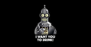 卡通機械人拿著飲品，文字 I WANT YOU TO DRINK! — 乃出未來 壁紙