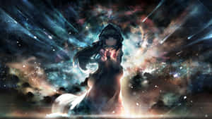 戴連帽斗篷的動漫女孩跪在發光的宇宙星雲中，伴隨著光線。 — 漫畫 壁紙