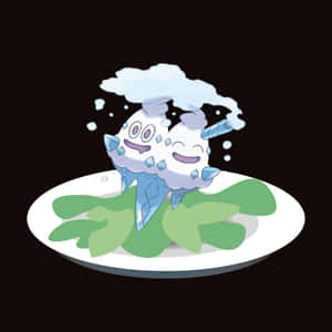 一個微笑的雪糕寵物小精靈角色在綠葉碟子上。 — 型爆寵物小精靈 壁紙