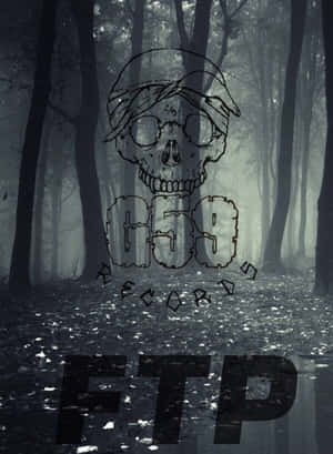 戴頭巾和眼鏡的骷髏在迷霧森林中，帶有G59 Records FTP文字。 — Kindle 壁紙