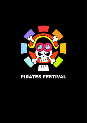 用於 Pirates Festival 的卡通骷髏海盜標誌，配有護目鏡和彩色方塊。 — 省電 壁紙