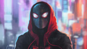 蜘蛛俠著住紅色連帽衫，企喺夜晚發光嘅城市入面。 — Miles Morales 動漫 壁紙