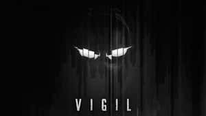 一個戴面具嘅人物，對眼發光，同埋用數碼故障風格寫嘅「VIGIL」字樣。 — 7680x4320 壁紙
