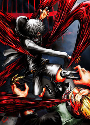 白髮戴面具的動漫角色，用紅色能量劍刃與尖叫的對手戰鬥。 — Kindle 壁紙