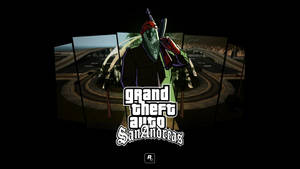 GTA San Andreas 標誌，戴面具的角色在高速公路場景上方手持步槍。 — 槍 壁紙