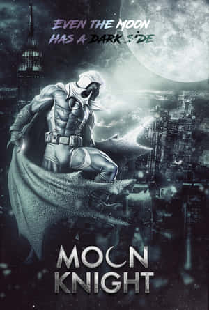Moon Knight 超級英雄俯瞰夜晚的黑暗城市，天空中有一輪巨大的月亮。 — 月色夜空 壁紙