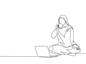 一個戴頭巾的人一邊喝咖啡一邊在筆記本電腦上工作。 — 插畫 壁紙
