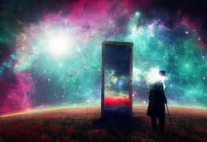 手持拐杖的剪影人物站在星光燦爛的田野中，面對一扇發光的宇宙門。 — 風景動圖 壁紙