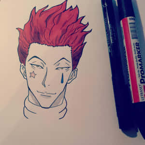 動漫角色繪畫，有紅髮和淚水，旁邊有記號筆。 — Hisoka GIF 壁紙
