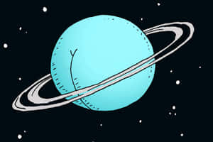 一個帶有環的卡通藍色星球，在繁星點點的夜空。 — 行星 壁紙